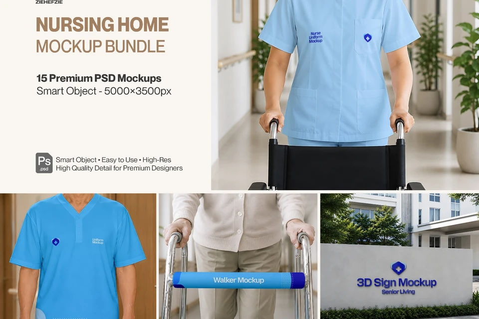 Nursing Home Mockup Bundle - Senior Living & Healthcare Facility Brand Identity 15 PSD Mockup
