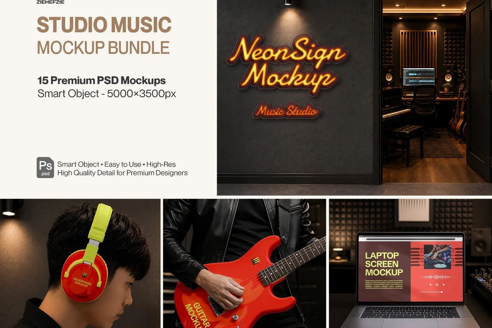 Premium Music Studio Branding Mockup Bundle – 15 Premium PSD Scenes for Audio & Record Label Identit