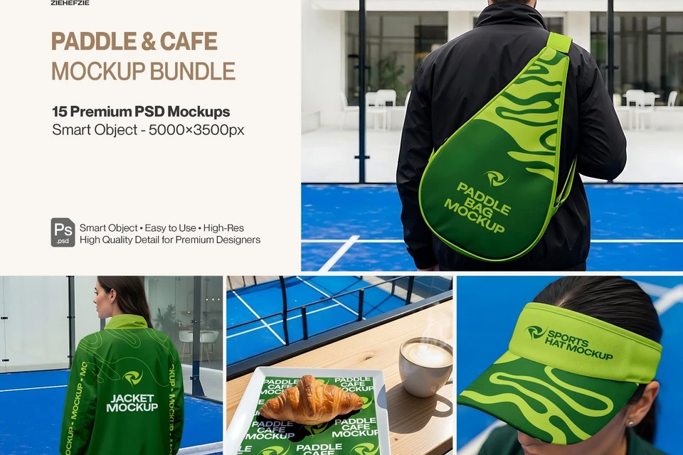 Paddle & Café Mockup Bundle - 15 Premium PSD Mockups | Sports Bag, Jacket, Hat & Café Branding Kit