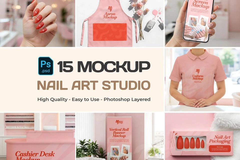 Nail Art Studio Mockup Bundle – 15 PSD Templates for Beauty Salon & Manicure Branding