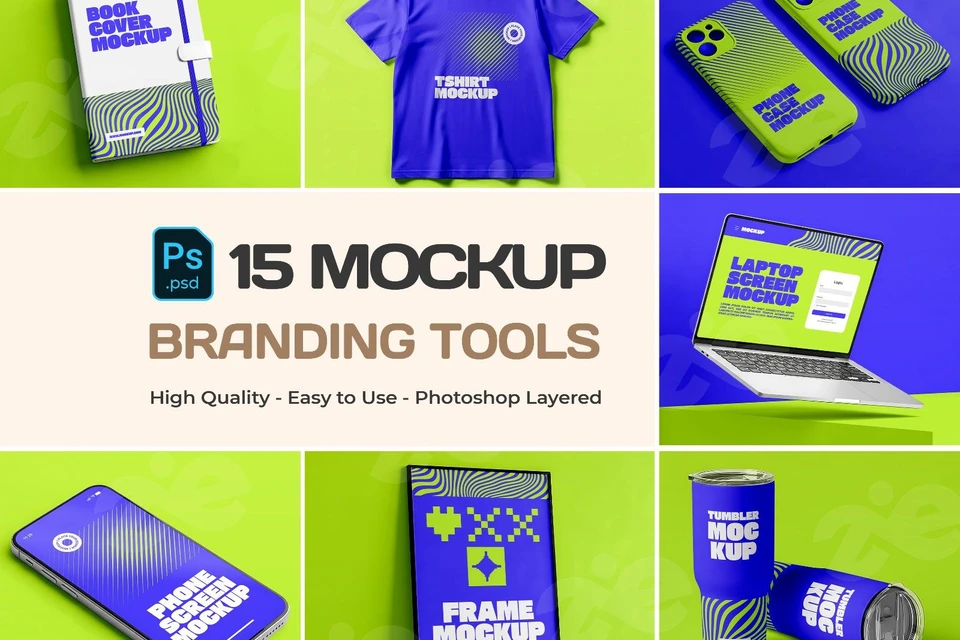 Branding Tools Mockup Bundle – 15 PSD Templates for Merchandise, Apparel & Device Design