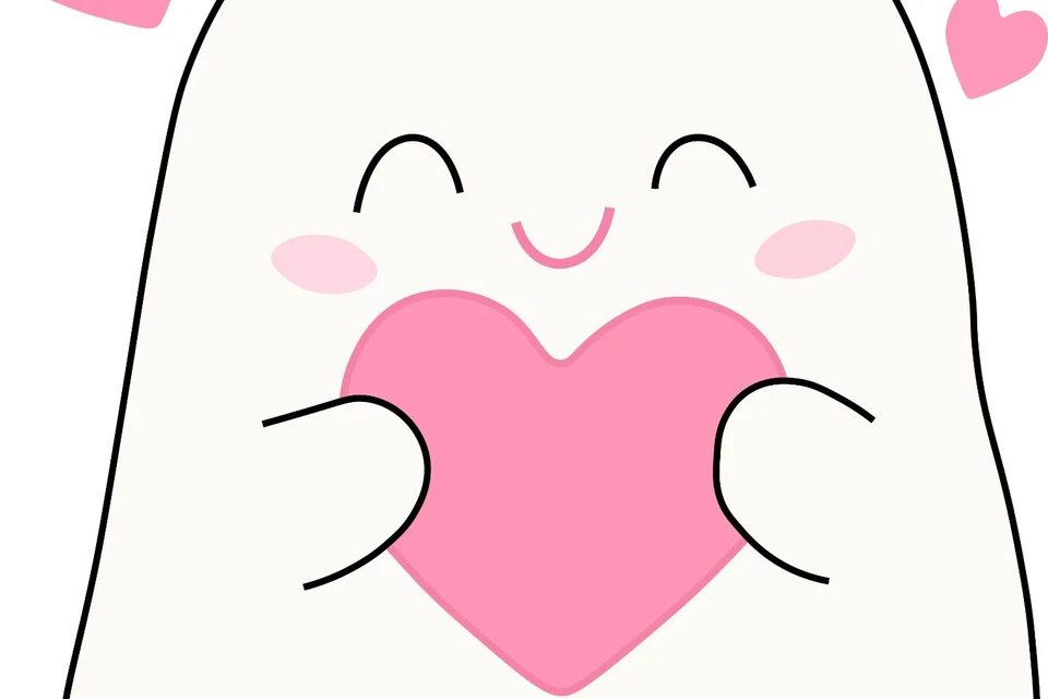 Halloween Ghost Hugging a Pink Heart