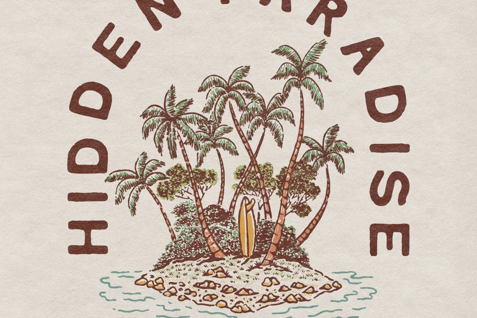 Hidden Paradise Palm Island Vintage Illustration | Tropical Beach Vector Design