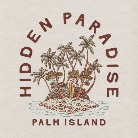 Hidden Paradise Palm Island Vintage Illustration | Tropical Beach Vector Design