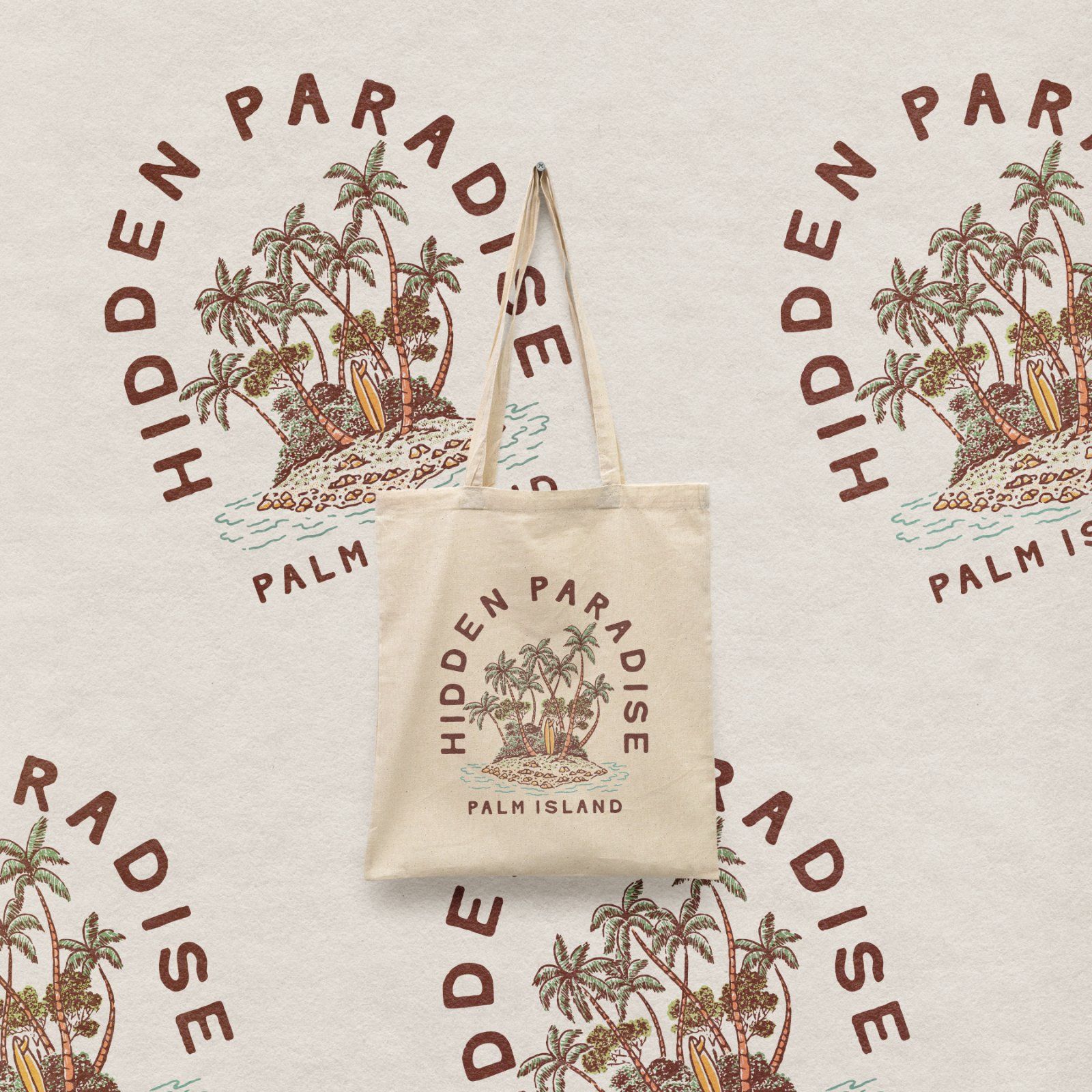 Hidden Paradise Palm Island Vintage Illustration | Tropical Beach Vector Design