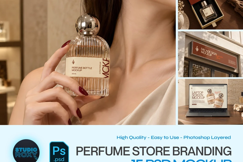 Perfume Store Branding Mockup Bundle - 15 PSD Templates  Perfume & Fragrance Brand Identity