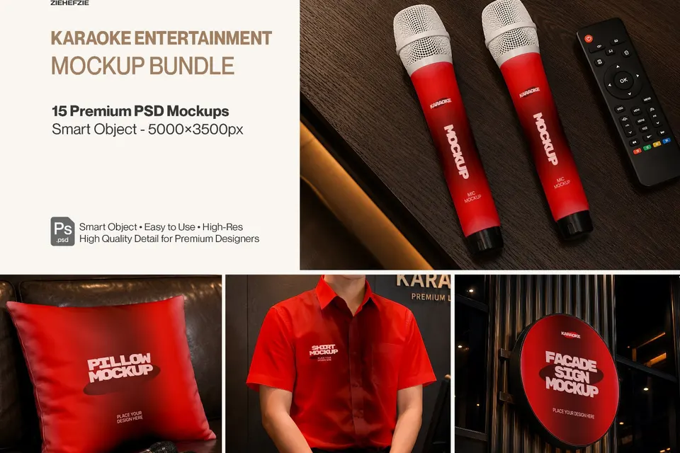 Karaoke Entertainment Branding Mockup Bundle - Karaoke Lounge & Music Bar Identity Mockup Set