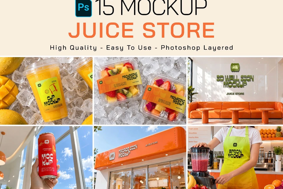 Juice Store Mockup Bundle - Complete Juice Bar & Smoothie Brand Identity PSD