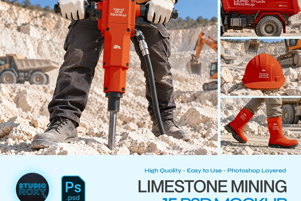 Limestone Mining Branding Mockup Bundle - 15 Heavy Equipment PSD Mockups