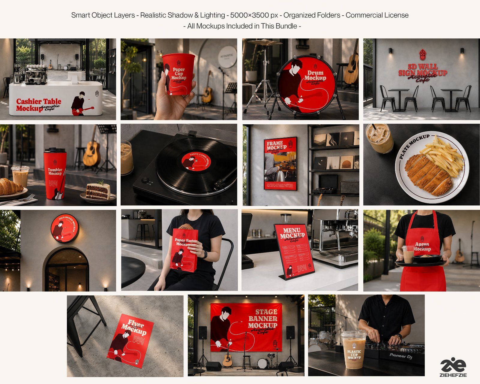 Premium Live Music Cafe Branding Mockup Bundle – 15 Aesthetic PSD Scenes for Coffee Shop & Acoustic