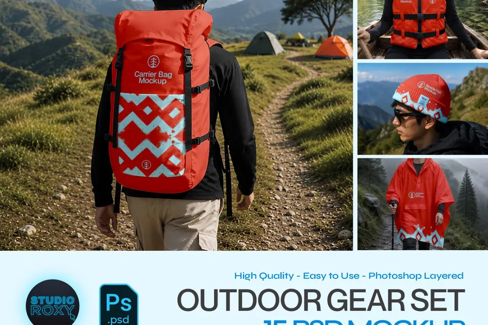 Outdoor Gear Set Mockup Bundle - 15 PSD Templates  Camping & Hiking Outdoor Gear Brand Identity