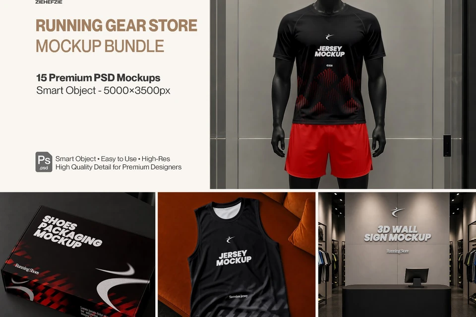Running Gear Store Mockup Bundle - 15 PSD Templates Athletic & Running Apparel Brand Identity