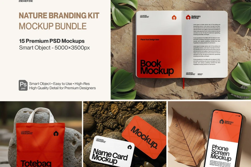 Nature Branding Kit Mockup Bundle – Stationery, Tote Bag, Book & Phone Screen PSD Mockups