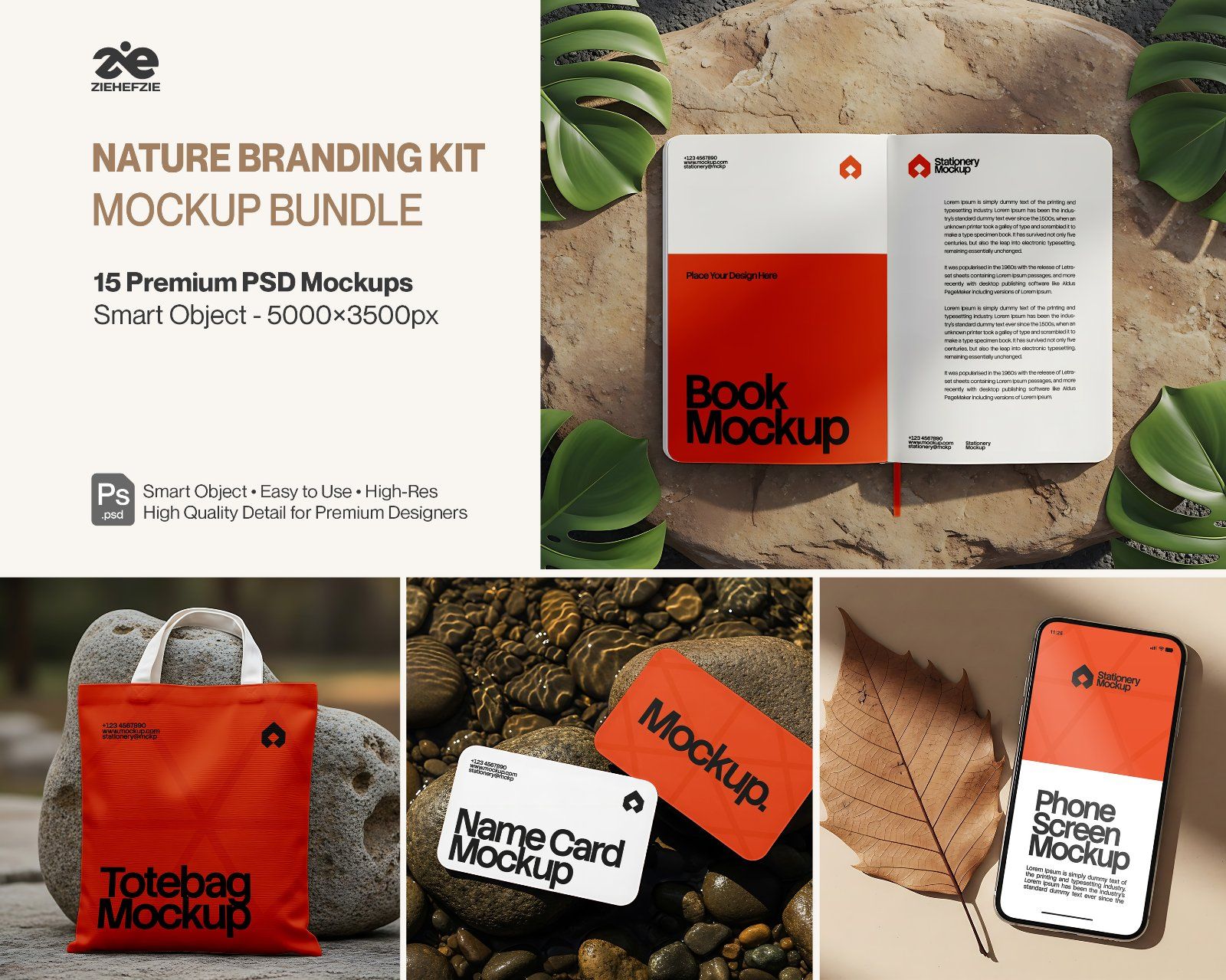 Nature Branding Kit Mockup Bundle – Stationery, Tote Bag, Book & Phone Screen PSD Mockups