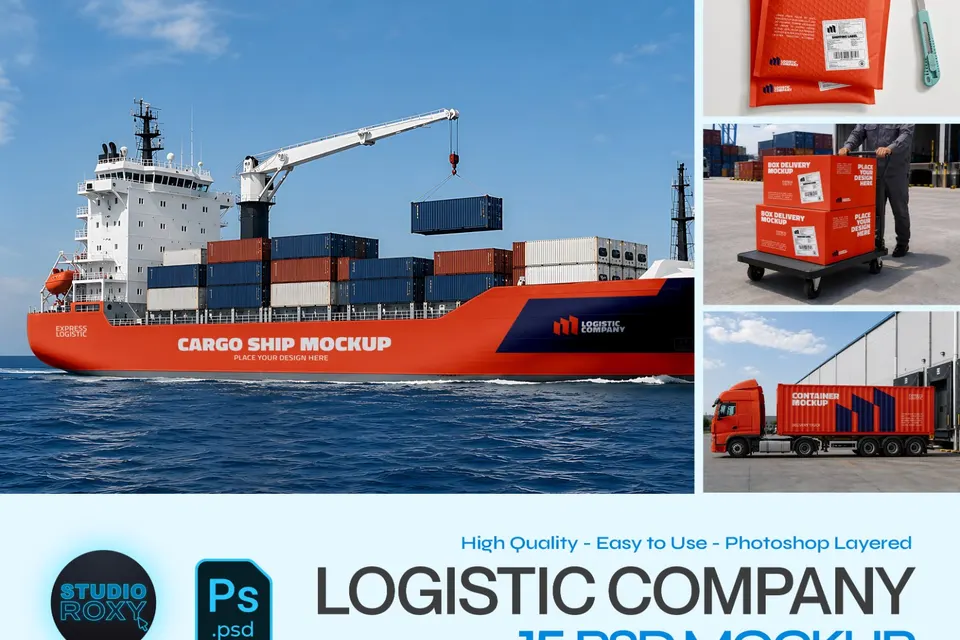 Logistic Company Branding Mockup Bundle - 15 PSD Templates  Global Logistics & Delivery Brand Identi