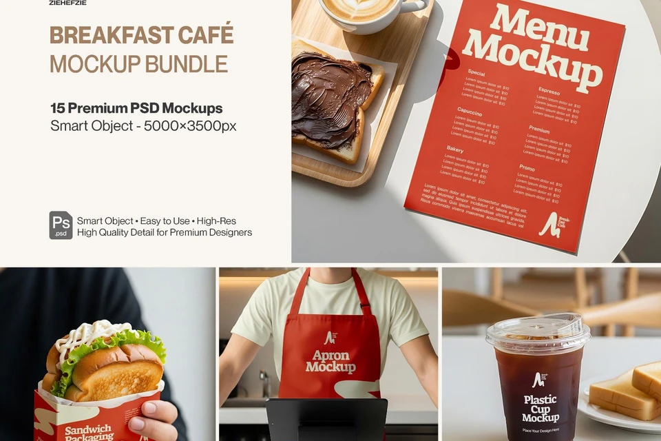 Breakfast Café Mockup Bundle PSD – Menu, Packaging, Apron & Coffee Branding Scene