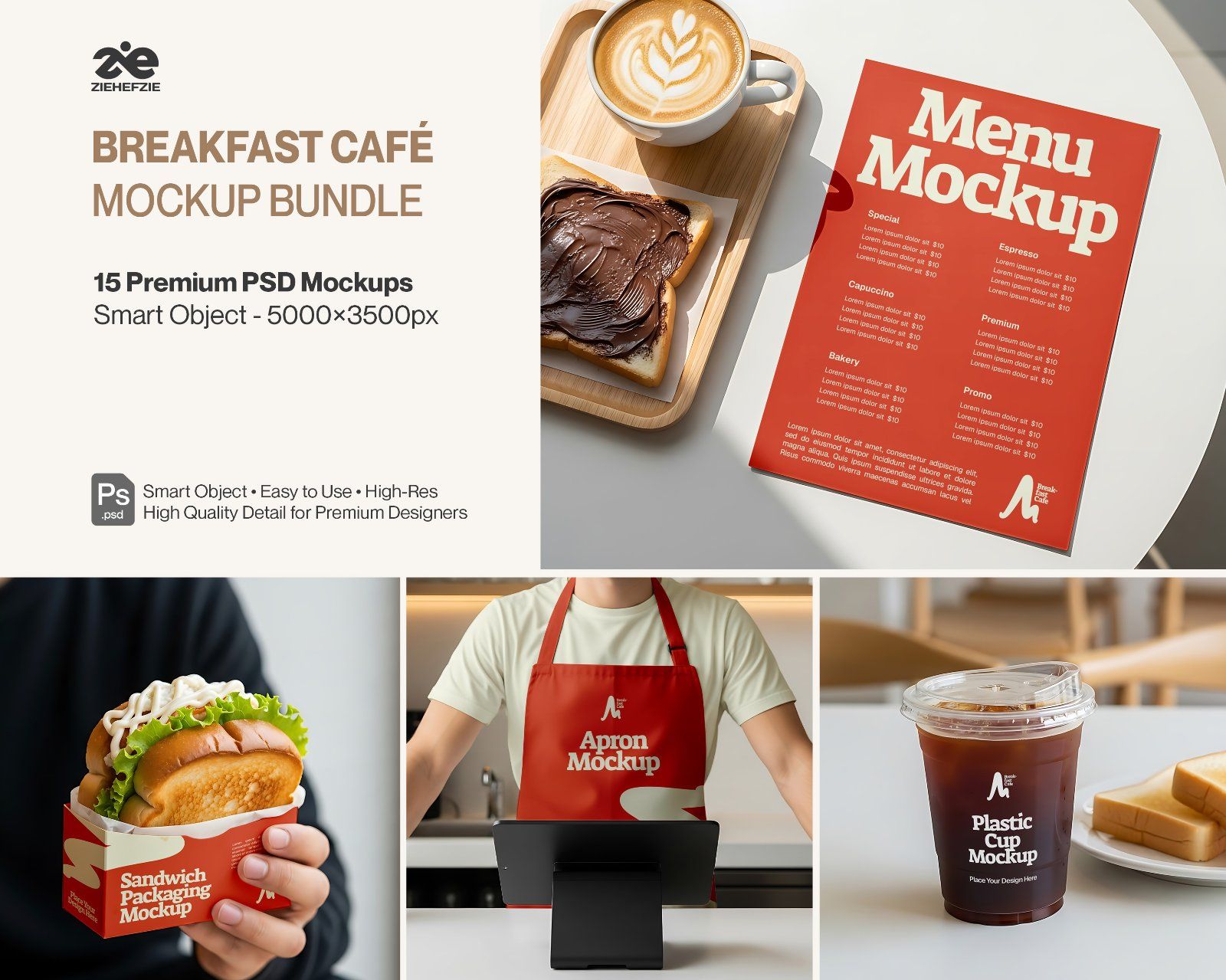 Breakfast Café Mockup Bundle PSD – Menu, Packaging, Apron & Coffee Branding Scene