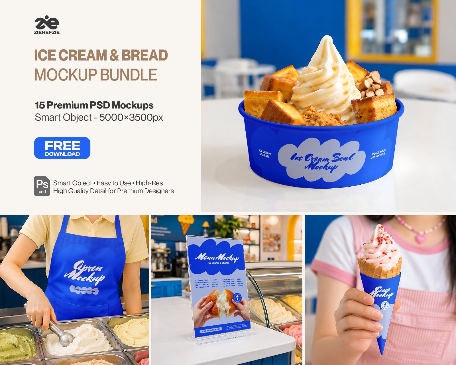 Premium Ice Cream & Bakery Branding Mockup Bundle – 15 Sweet PSD Scenes for Dessert Cafes, Food Pack