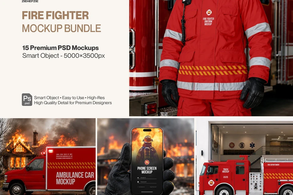Premium Fire Fighter Branding Mockup Bundle – 15 Rescue PSD Scenes for Emergency Uniforms, Vehicles