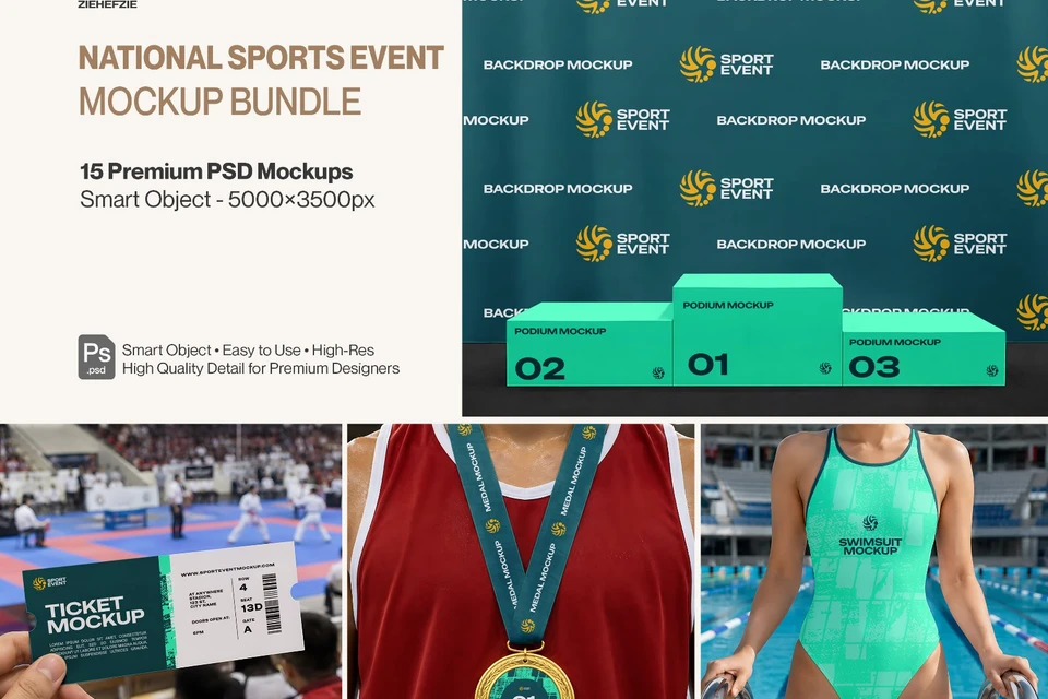 Premium National Sports Event Mockup Bundle – 15 Championship PSD Scenes for Athletic Tournaments, W