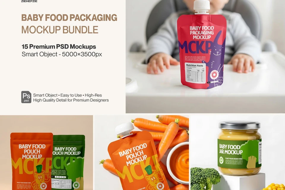 15 Premium Baby Food Packaging PSD Mockup Bundle For Branding