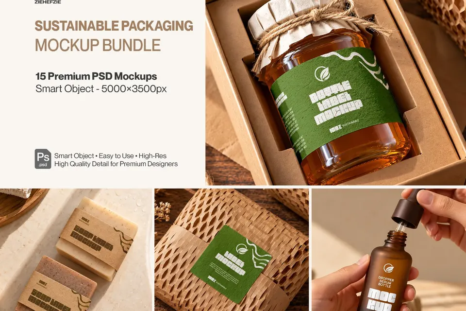 Sustainable Packaging Mockup Bundle - 15 PSD Organic & Eco-Friendly Packaging