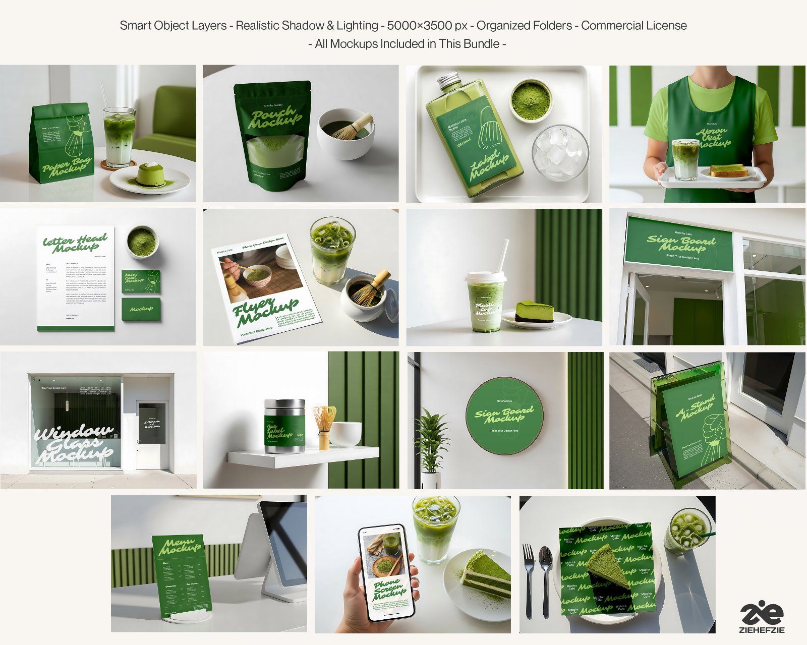 Matcha Cafe Mockup Bundle PSD – Cafe Branding & Packaging Presentation