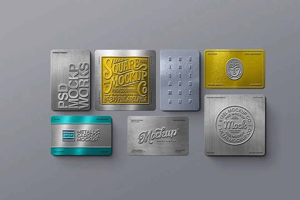 Business Card Mockup - Metal Cards Flat-Lay (7 Objects)