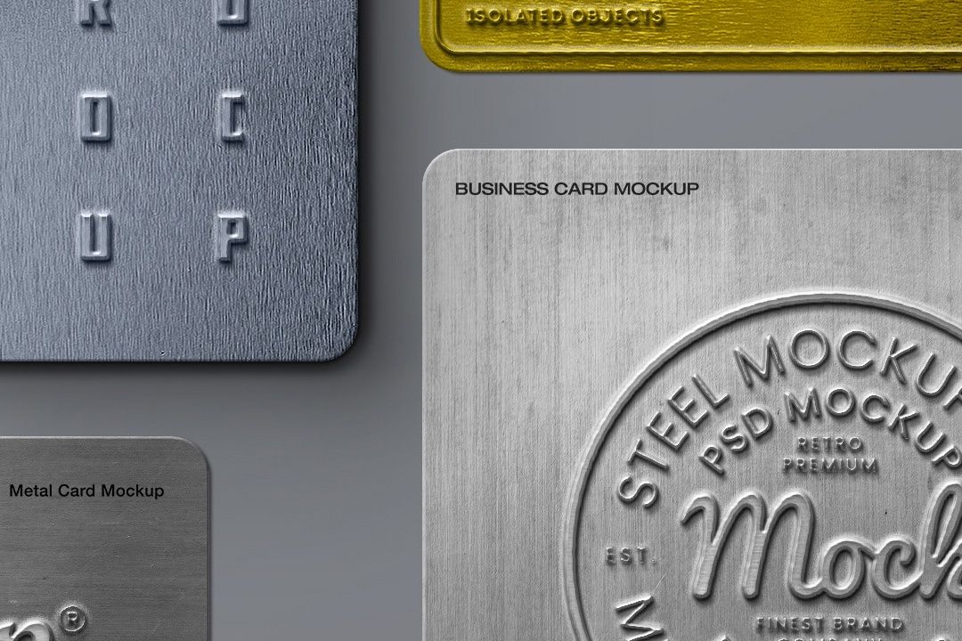 Business Card Mockup - Metal Cards Flat-Lay (7 Objects)