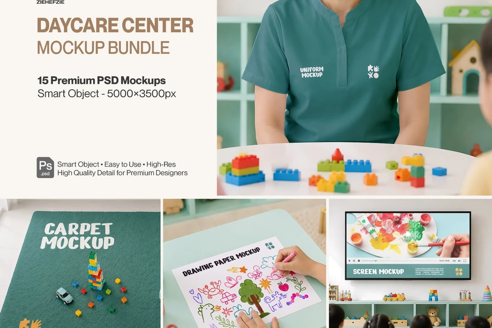 Daycare Center Mockup Bundle - Childcare & Nursery Branding Mockup Pack (15 PSD)