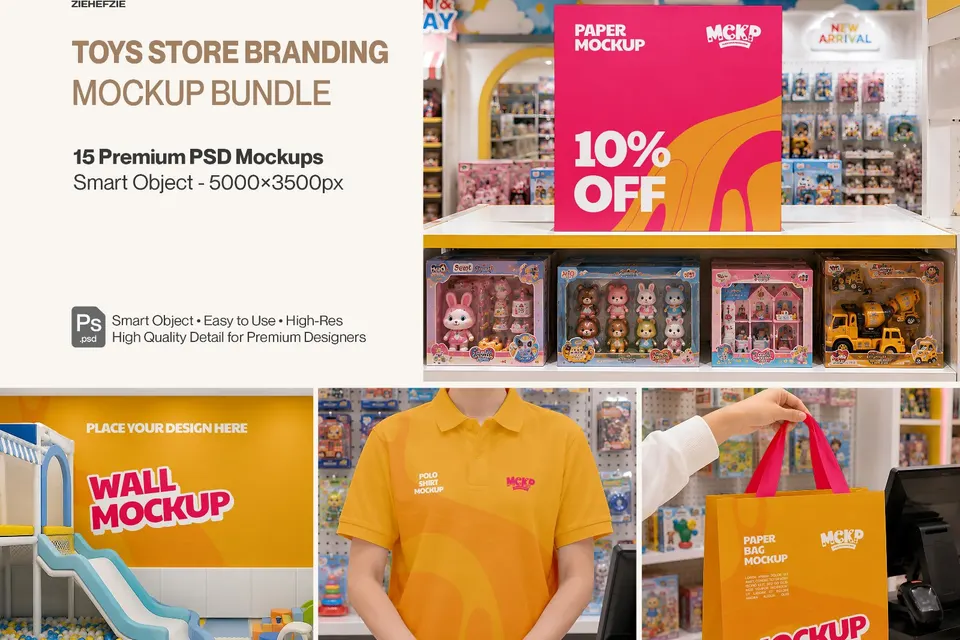 Kids & Toy Shop Brand Identity Mockup 15 Bundle Set - Toys Retail Store Mockup Bundle