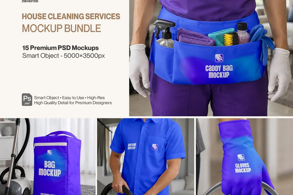 House Cleaning Services Mockup Bundle 15 (PSD) Housekeeping & Cleaning Agency Brand Identity