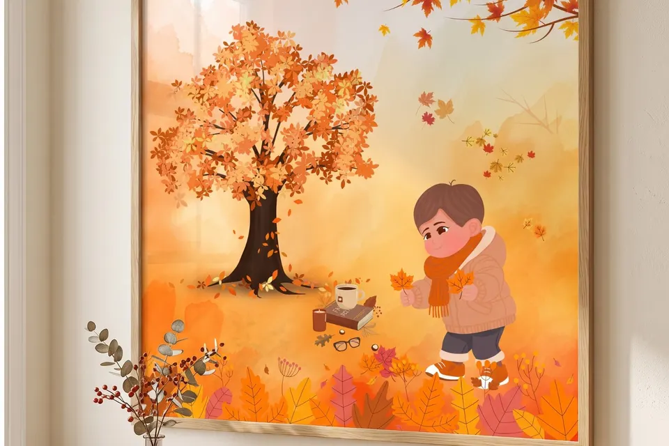 Poster of Autumn Boy and Girl Wall Art – Cozy Fall Season Printable 🍂☕