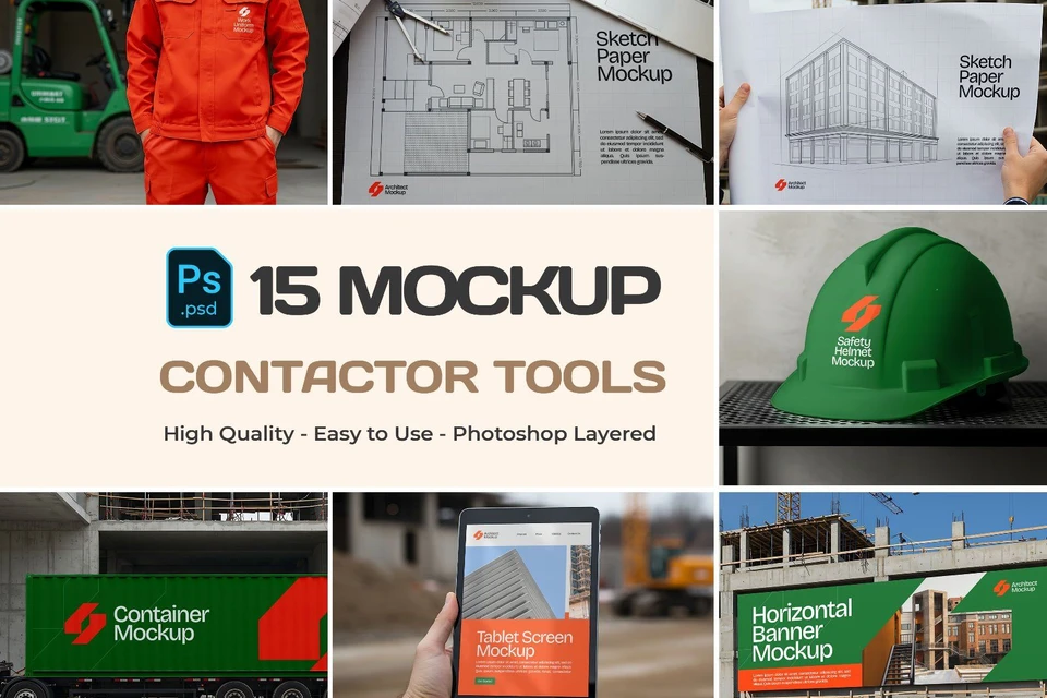 15 Contractor Branding Mockups – PSD Helmet, Sketch Paper, Banner, Uniform & Container Kit