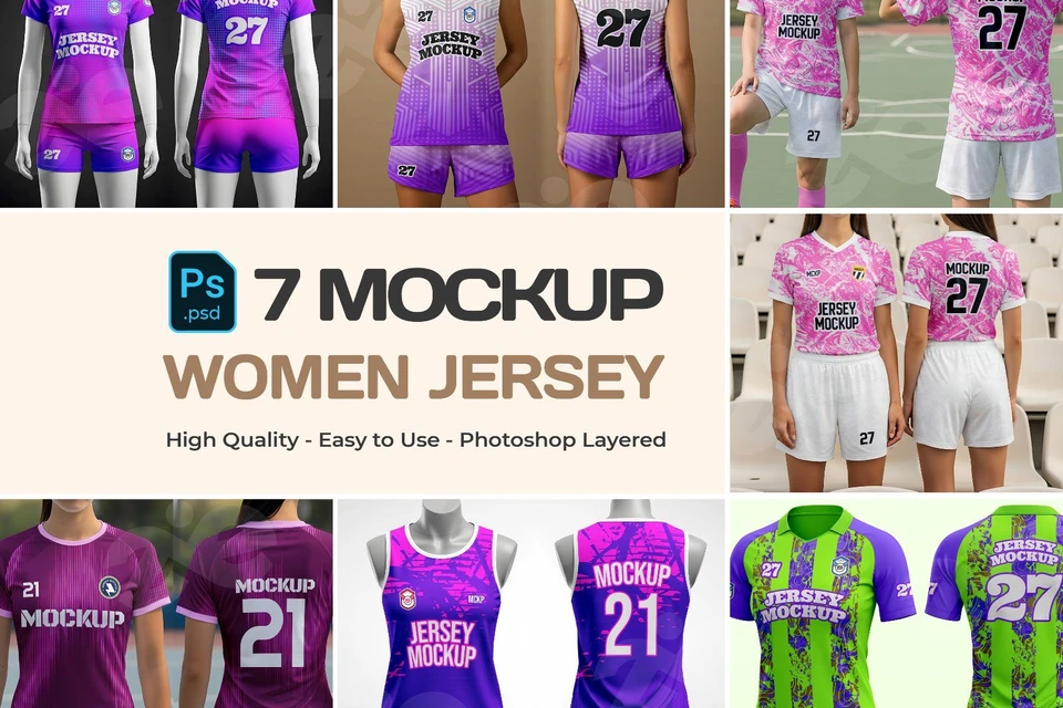 Women Jersey Mockup Bundle – 7 PSD Sportswear Templates for Volleyball, Soccer & Fitness Apparel