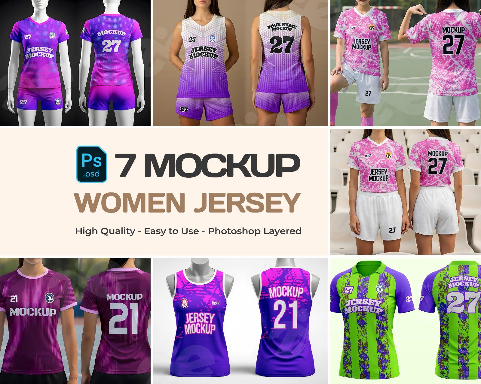 Women Jersey Mockup Bundle – 7 PSD Sportswear Templates for Volleyball, Soccer & Fitness Apparel
