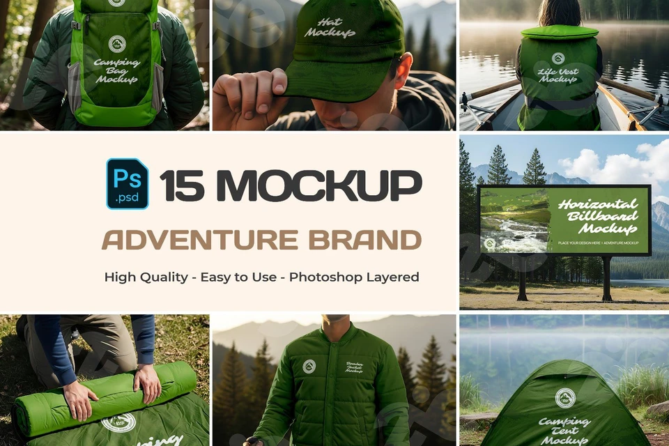 Adventure Brand Mockup Bundle – 15 PSD Templates for Outdoor & Camping Gear Design