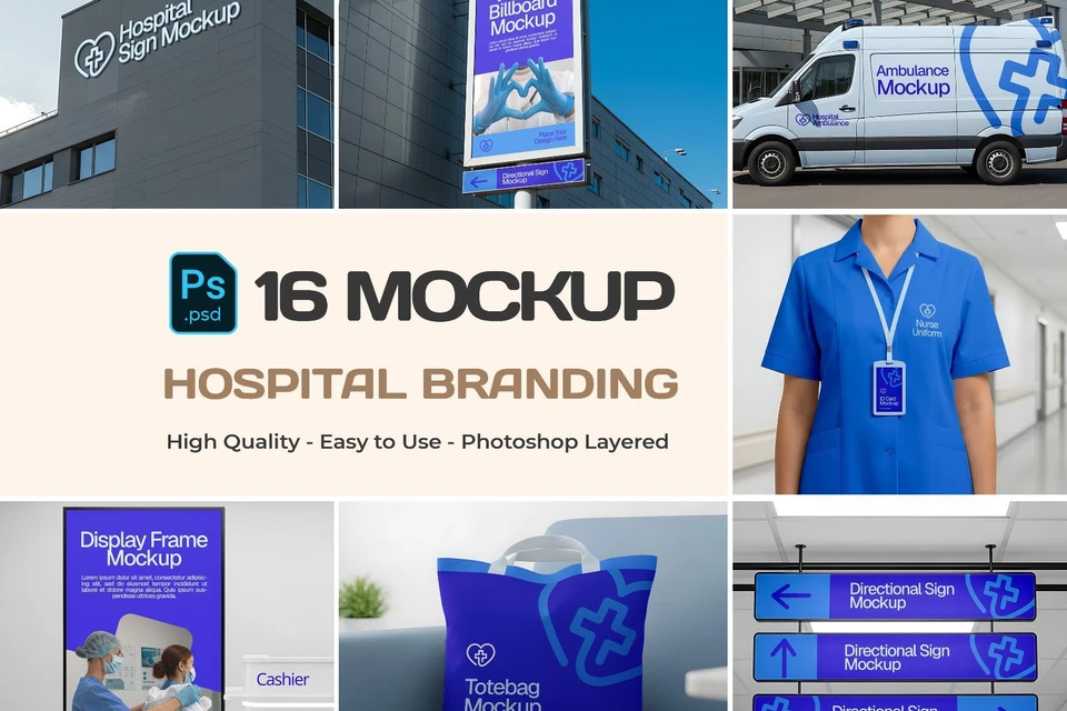 16 PSD Hospital Branding Mockup Kit – Ambulance, Nurse Uniform, Signage, Wayfinding & More