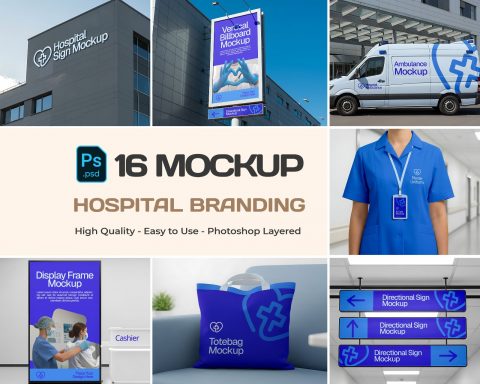 16 PSD Hospital Branding Mockup Kit – Ambulance, Nurse Uniform, Signage, Wayfinding & More