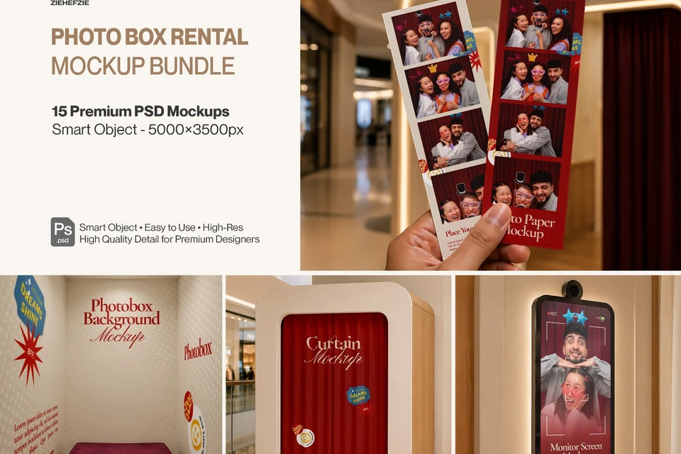 Premium Photo Box Rental Mockup Bundle – 15 Gen-Z PSD Scenes for Photobox Strips, Curtain Booths