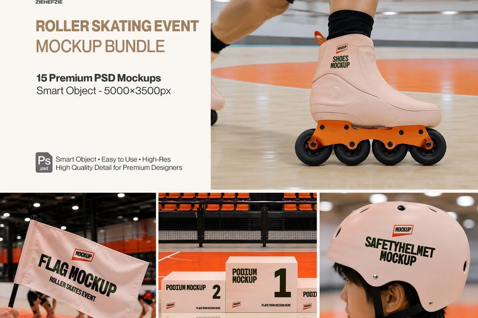 Premium Roller Skating Event Branding Mockup Bundle – 15 Retro & Urban PSD Scenes for Street Sports