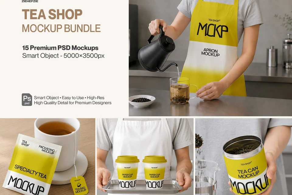 Premium Tea Shop Branding Mockup Bundle – 15 Aesthetic PSD Scenes for Tea House & Artisan Packaging