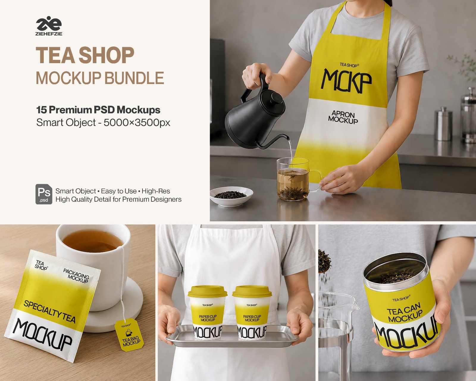 Premium Tea Shop Branding Mockup Bundle – 15 Aesthetic PSD Scenes for Tea House & Artisan Packaging