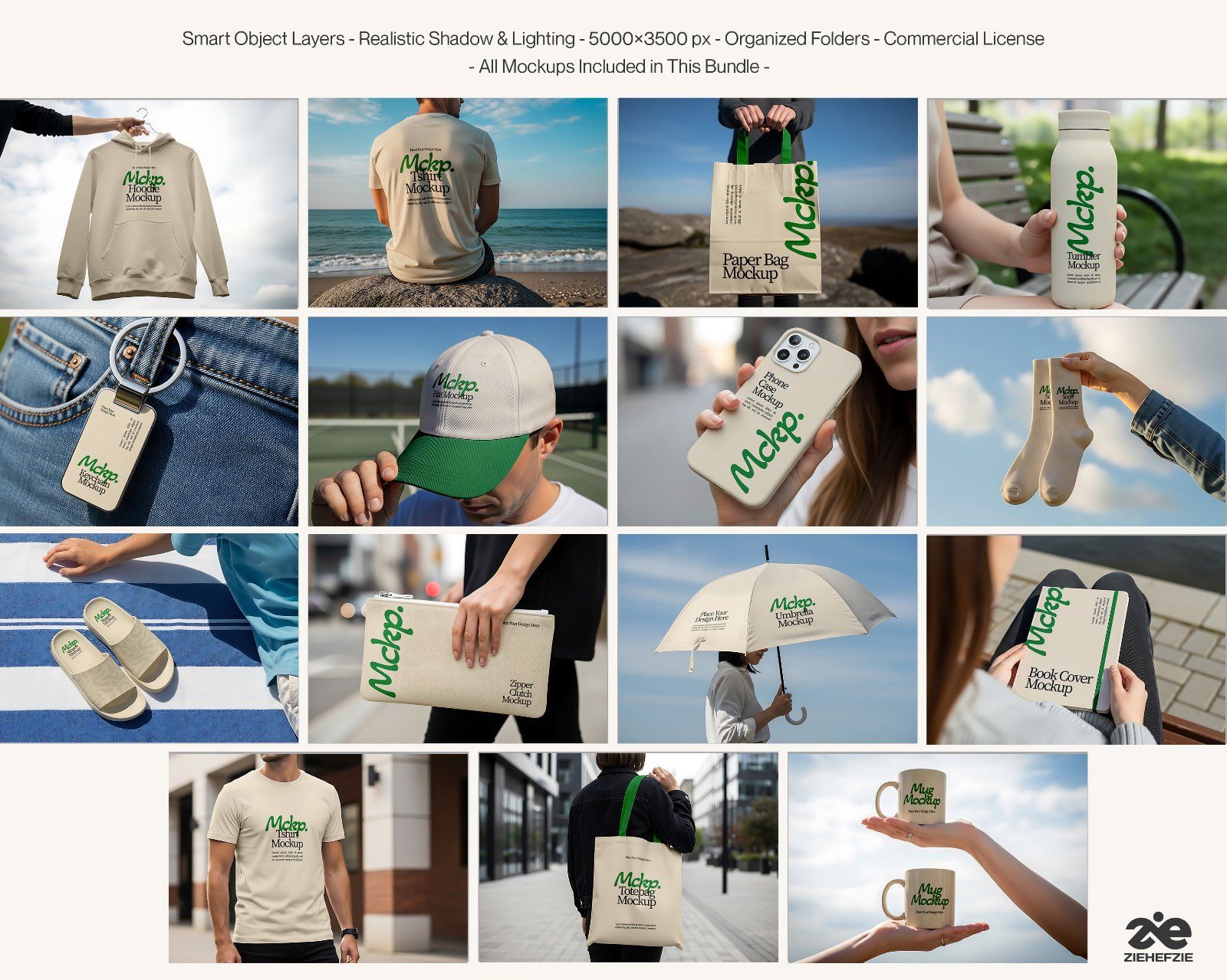 Merchandise Mockup Bundle PSD – T-Shirt, Cap, Tote Bag & Lifestyle Branding Scenes