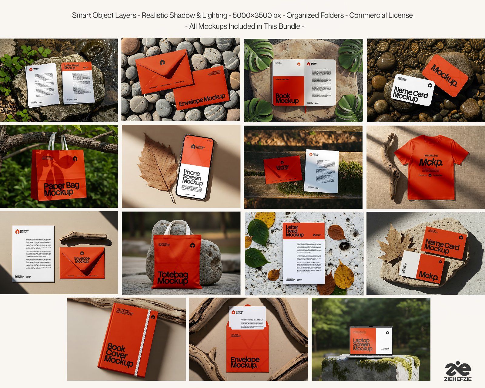 Nature Branding Kit Mockup Bundle – Stationery, Tote Bag, Book & Phone Screen PSD Mockups