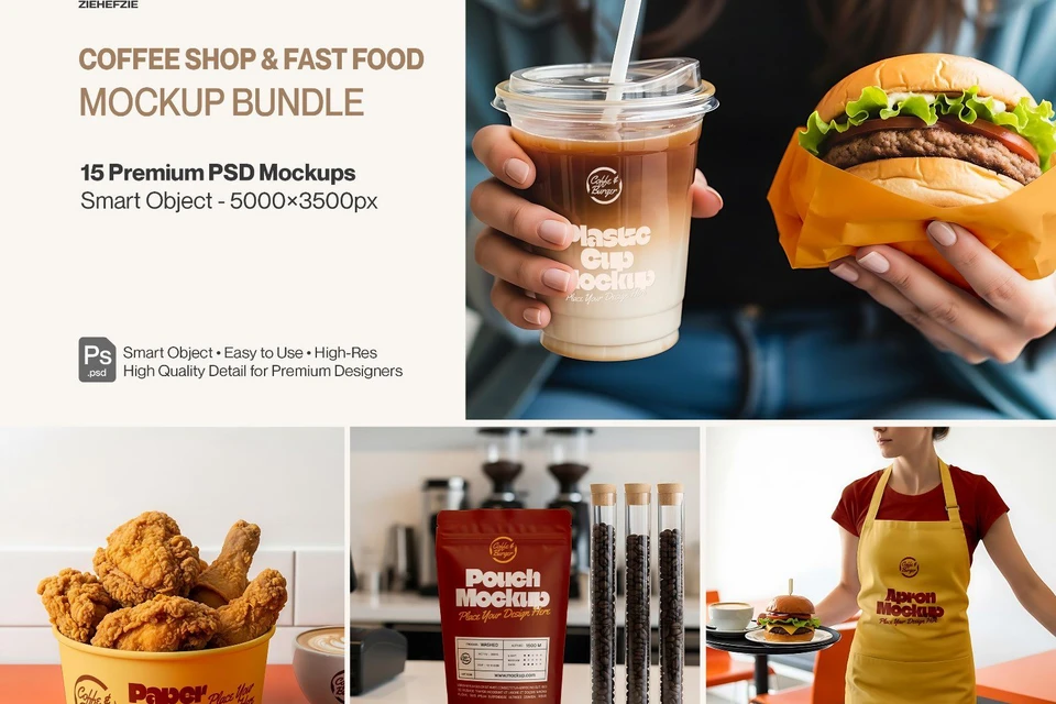 Coffee Shop & Fast Food Mockup Bundle – Restaurant Branding PSD Collection