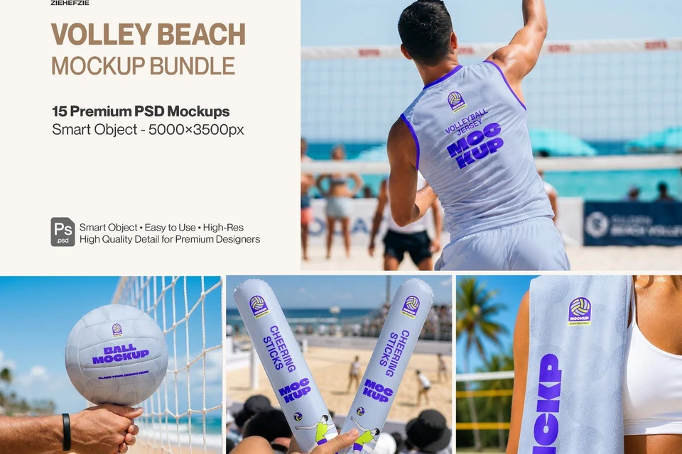 Premium Beach Volley & Summer Sports Branding Mockup Bundle – 15 Aesthetic PSD Scenes for Athletic I