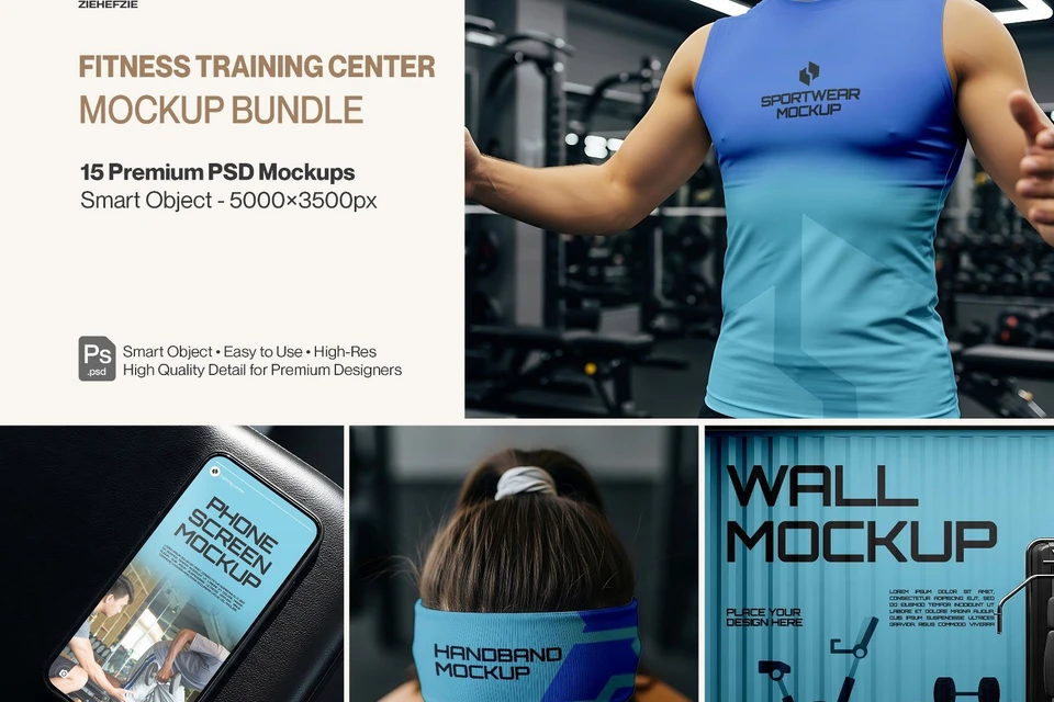 15  Premium Fitness Training Center Mockup Bundle Gym Branding