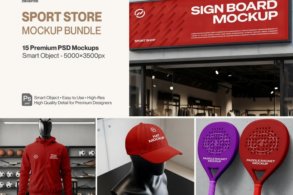 Sport Store Mockup Bundle 15 Mockup PSD – Retail Signage, Apparel & Equipment Branding