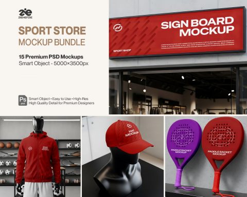 Sport Store Mockup Bundle 15 Mockup PSD – Retail Signage, Apparel & Equipment Branding